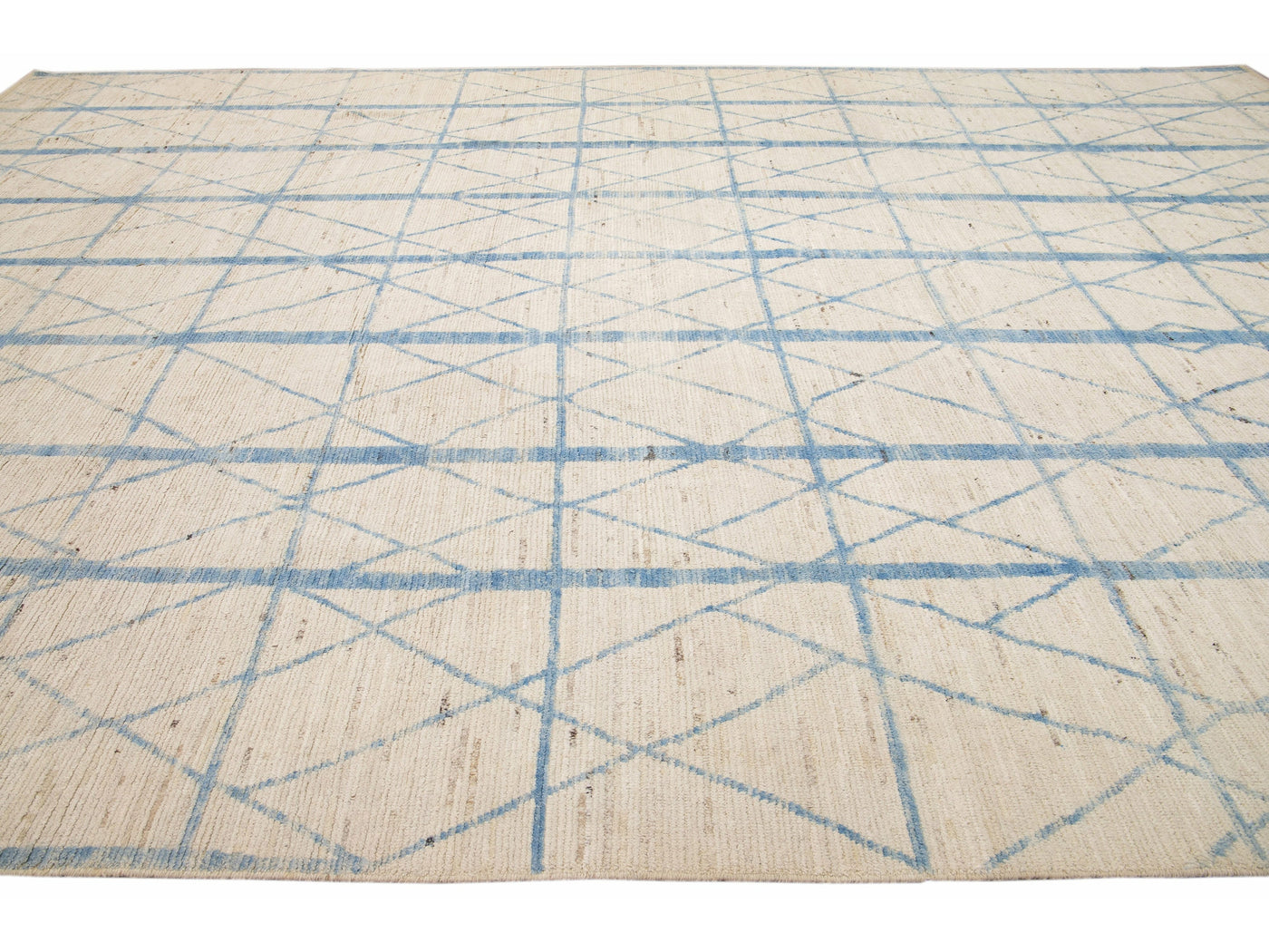 Modern Moroccan Style Beige and Blue Handmade Geometric Oversize Wool Rug