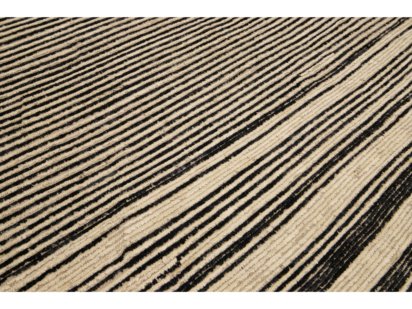 Modern Moroccan Bohemian Style Black And Beige Handmade Striped Motif Wool Rug