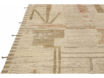 Modern Boho Chic Moroccan Style Handmade Abstract Beige Square Wool Rug