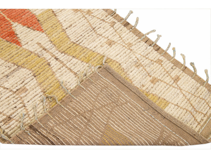 Beige Modern and Orange Moroccan Style Handmade Tribal Motif Wool Runner