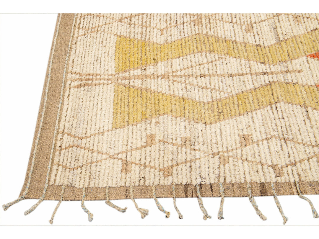 Beige Modern and Orange Moroccan Style Handmade Tribal Motif Wool Runner