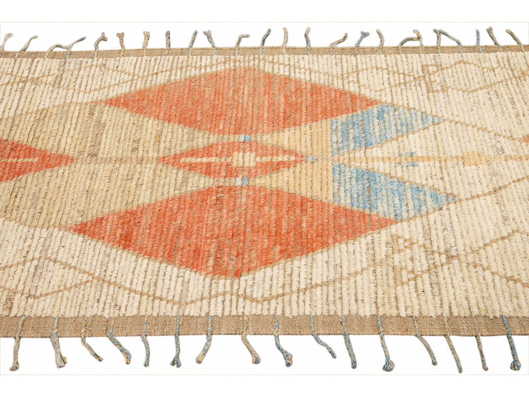 Beige Modern and Orange Moroccan Style Handmade Tribal Motif Wool Runner