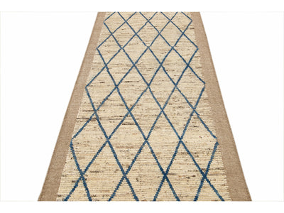 Modern Moroccan Style Handmade Geometric Pattern Beige and Blue Wool Wide Runner