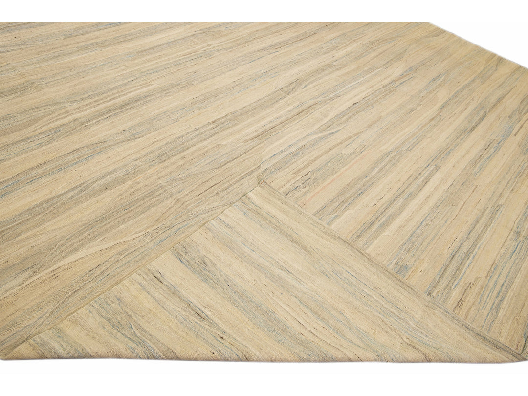 Beige Modern Kilim Handmade Abstract Striped Motif Flatweave Oversize Wool Rug