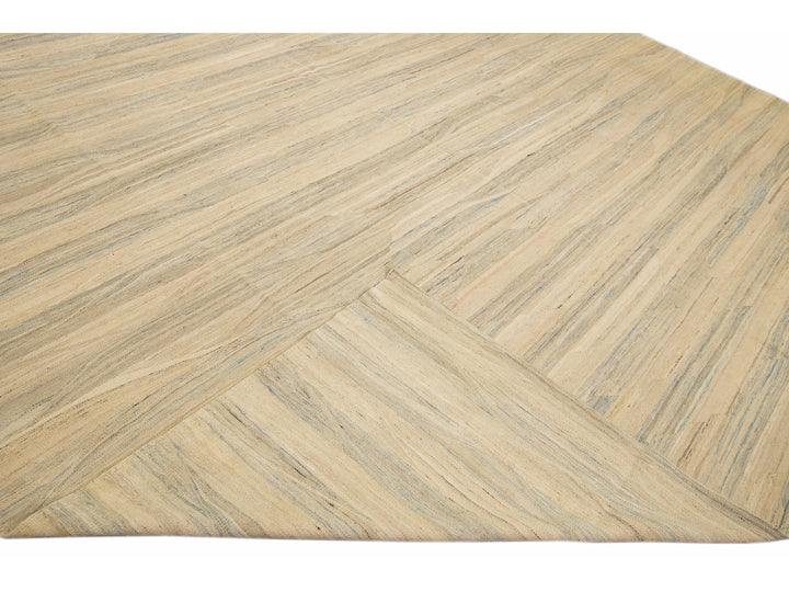 Beige Modern Kilim Handmade Abstract Striped Motif Flatweave Oversize Wool Rug
