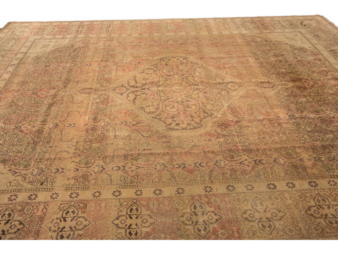 Antique Tabriz Handmade Medallion Designed Tan Persian Wool Rug