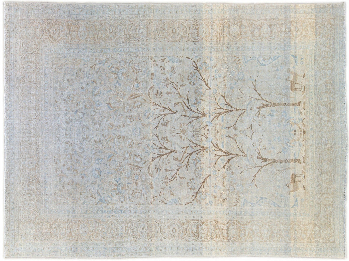 Antique Tabriz Handmade Botanical Designed Blue Wool Rug