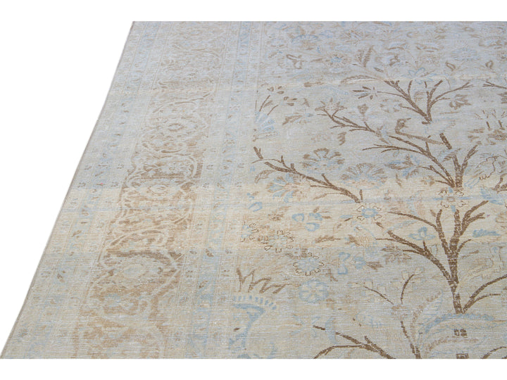 Antique Tabriz Handmade Botanical Designed Blue Wool Rug