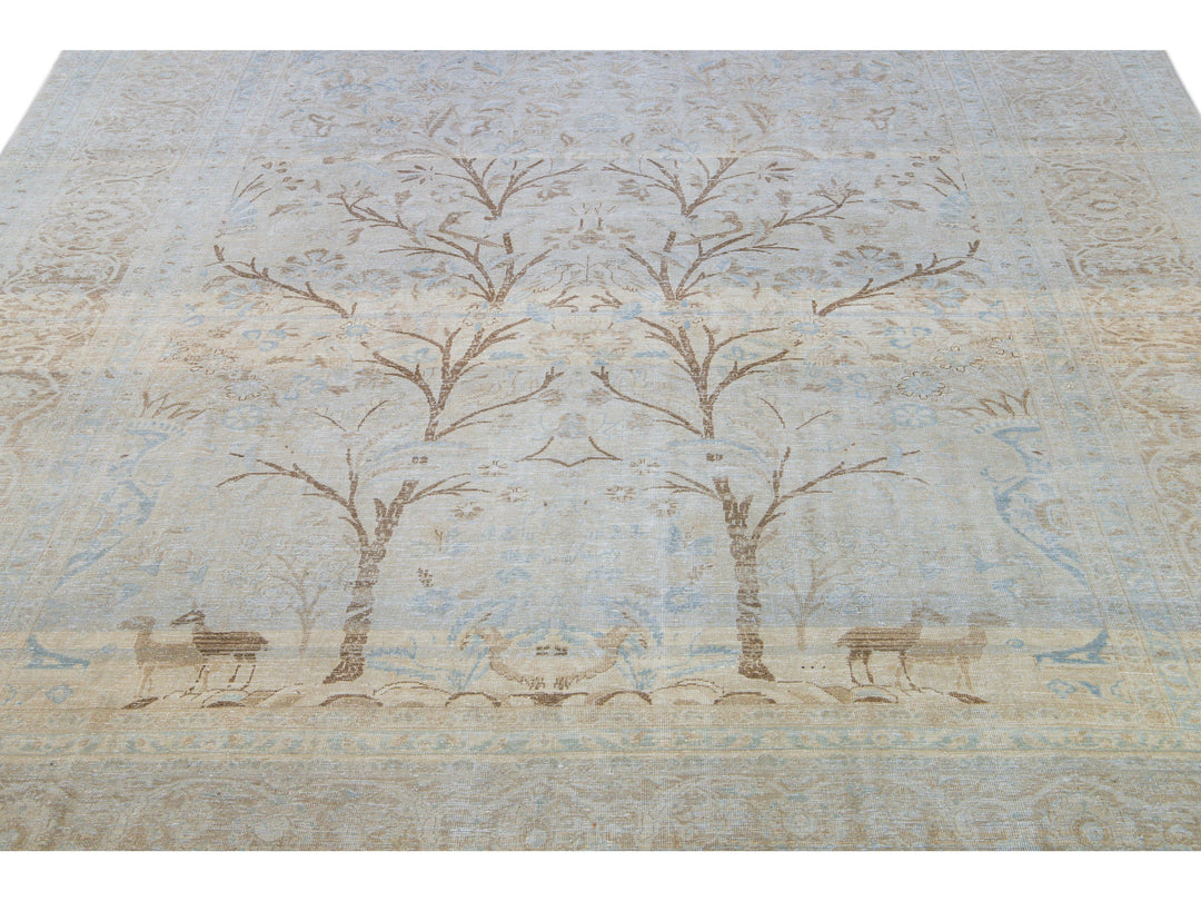 Antique Tabriz Handmade Botanical Designed Blue Wool Rug