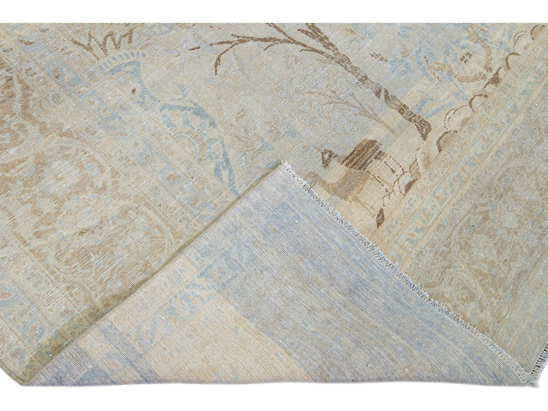 Antique Tabriz Handmade Botanical Designed Blue Wool Rug