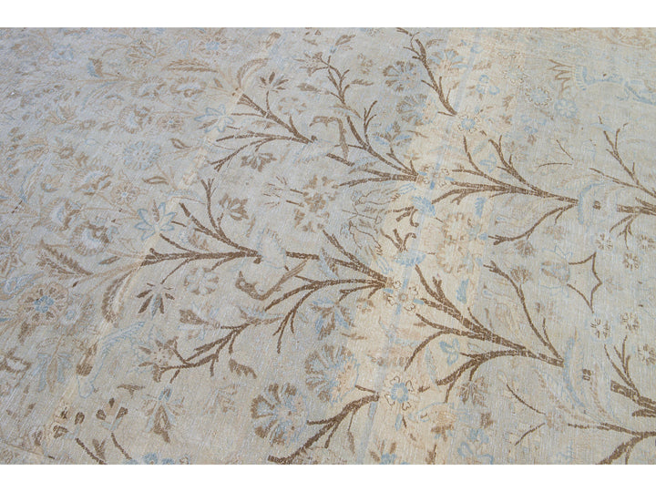 Antique Tabriz Handmade Botanical Designed Blue Wool Rug