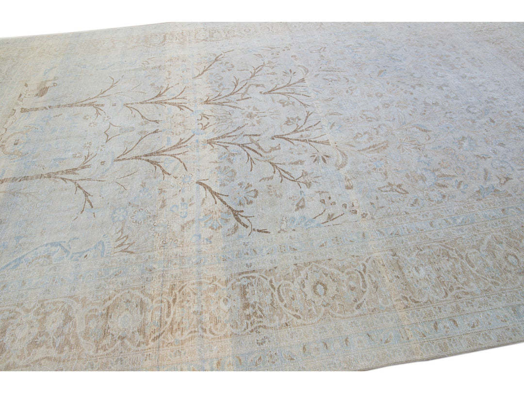 Antique Tabriz Handmade Botanical Designed Blue Wool Rug