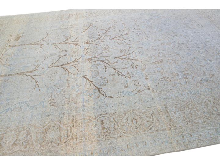 Antique Tabriz Handmade Botanical Designed Blue Wool Rug