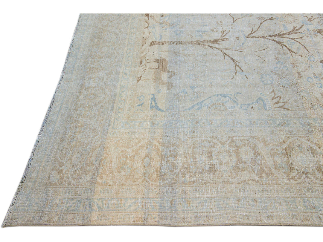 Antique Tabriz Handmade Botanical Designed Blue Wool Rug