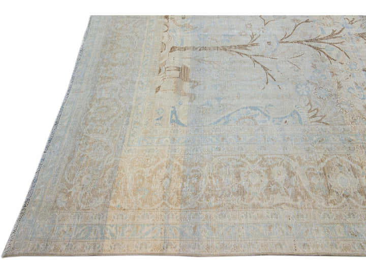 Antique Tabriz Handmade Botanical Designed Blue Wool Rug