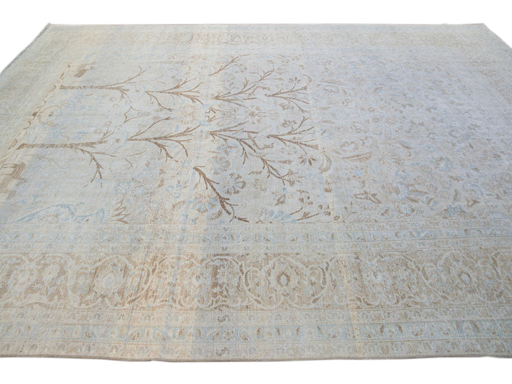Antique Tabriz Handmade Botanical Designed Blue Wool Rug
