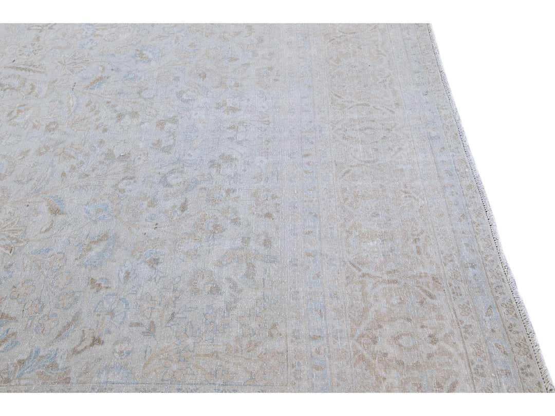 Antique Tabriz Handmade Botanical Designed Blue Wool Rug