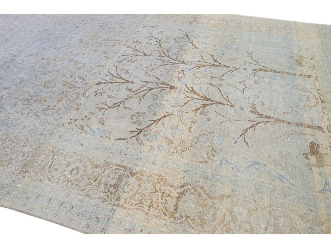 Antique Tabriz Handmade Botanical Designed Blue Wool Rug