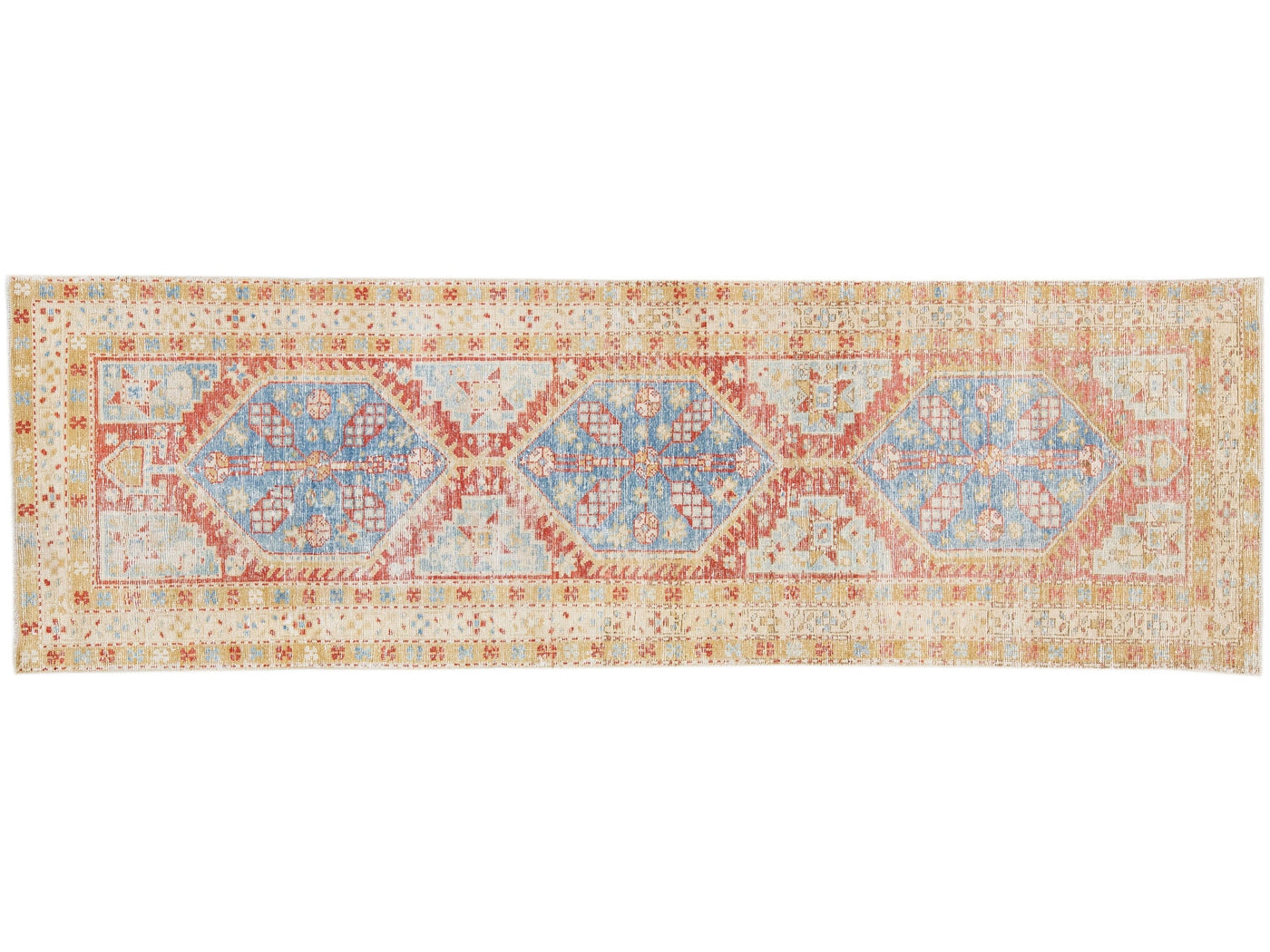 Antique Persian Heriz Handmade Multicolor Wool Runner with Tribal Pattern