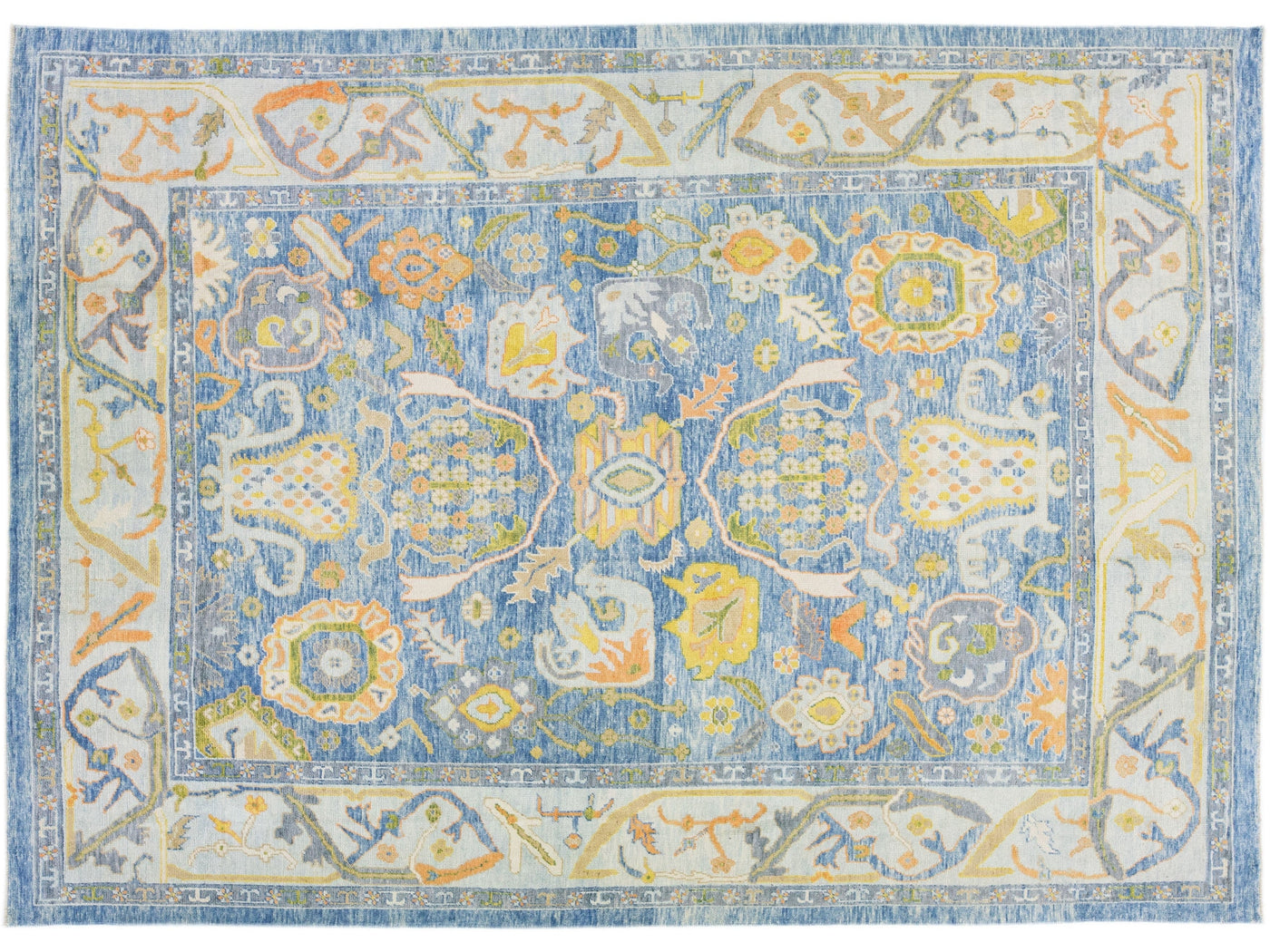 Modern Turkish Oushak Blue Handmade Wool Rug With Floral Motif