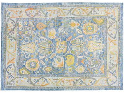 Modern Turkish Oushak Blue Handmade Wool Rug With Floral Motif