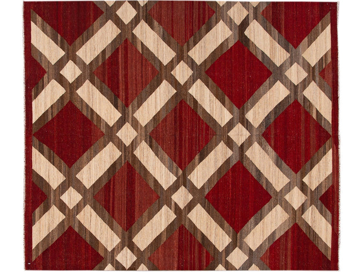 Modern Kilim Flatweave Red and Beige Geometric Wool Rug