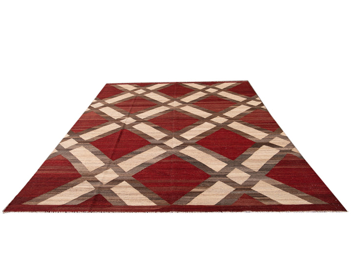 Modern Kilim Flatweave Red and Beige Geometric Wool Rug