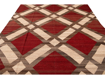 Modern Kilim Flatweave Red and Beige Geometric Wool Rug