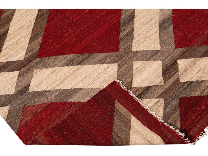 Modern Kilim Flatweave Red and Beige Geometric Wool Rug