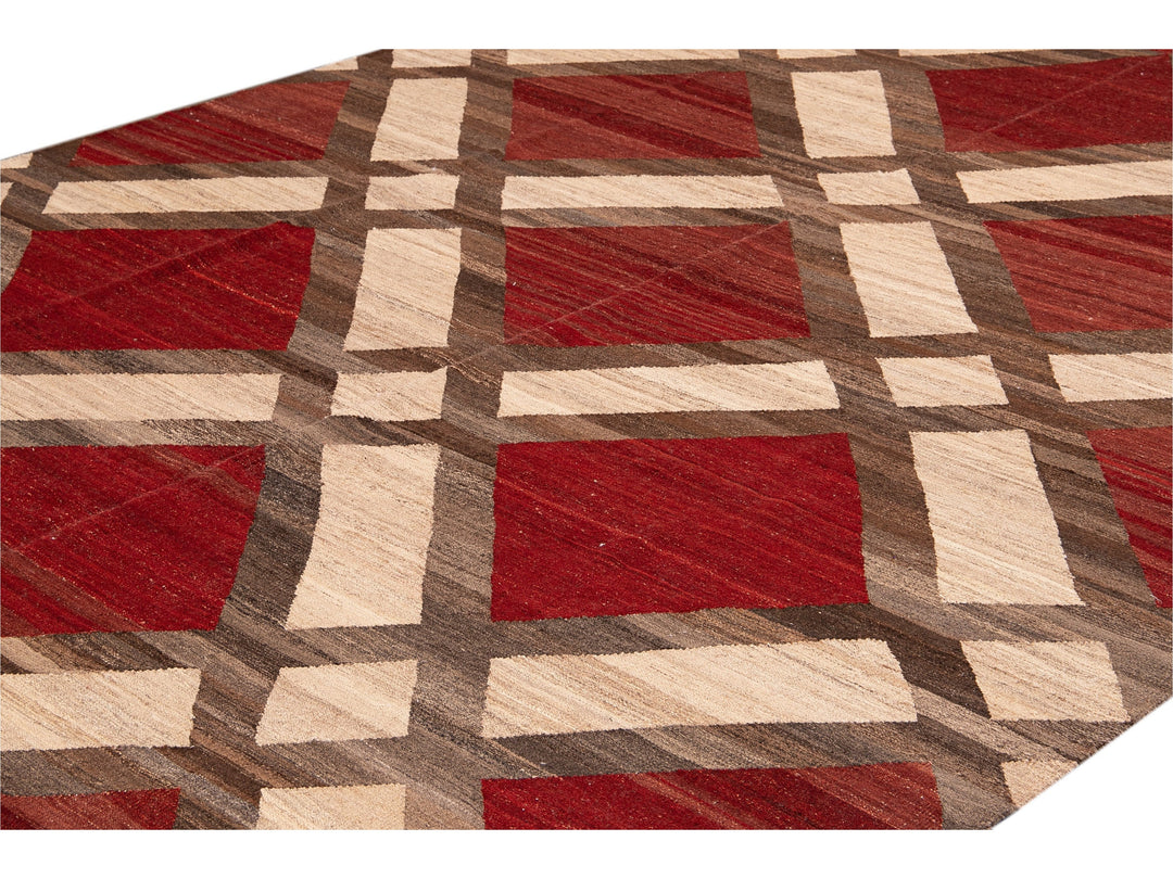 Modern Kilim Flatweave Red and Beige Geometric Wool Rug