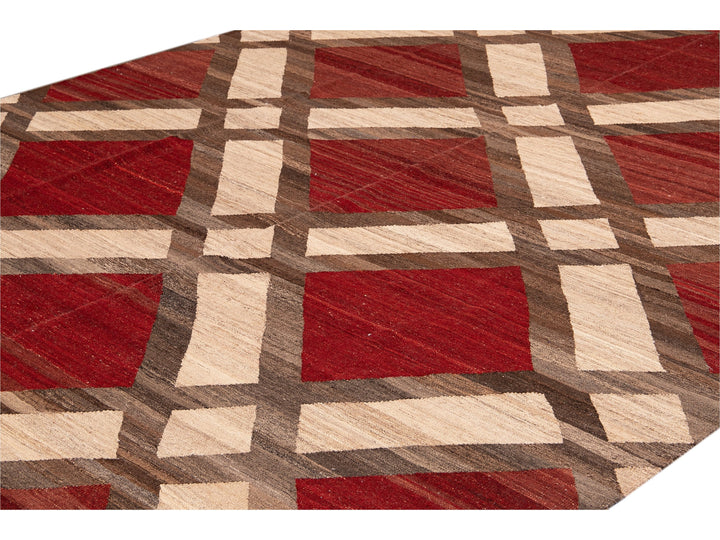 Modern Kilim Flatweave Red and Beige Geometric Wool Rug