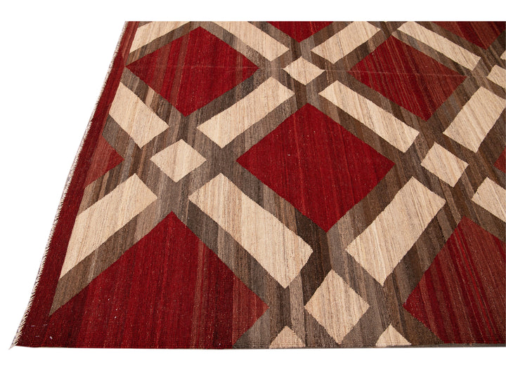 Modern Kilim Flatweave Red and Beige Geometric Wool Rug