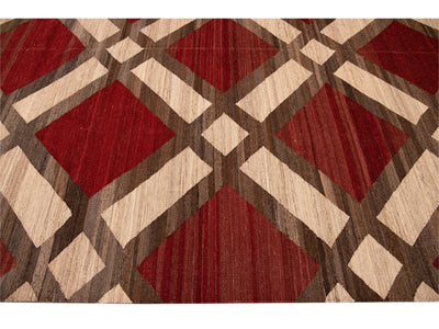 Modern Kilim Flatweave Red and Beige Geometric Wool Rug