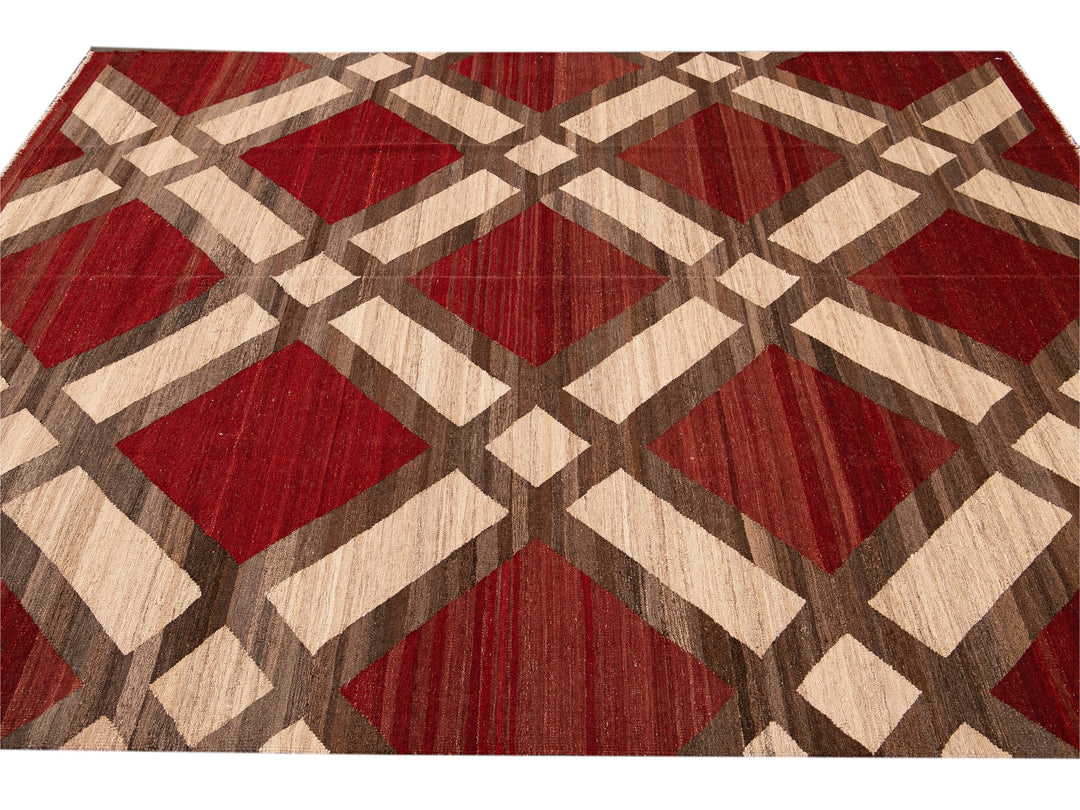 Modern Kilim Flatweave Red and Beige Geometric Wool Rug