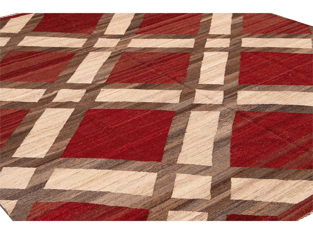 Modern Kilim Flatweave Red and Beige Geometric Wool Rug