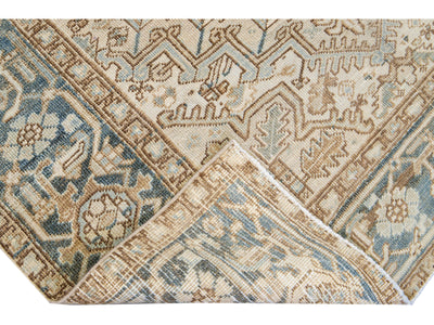 Antique Persian Heriz Handmade Geometric Medallion Beige Wool Rug