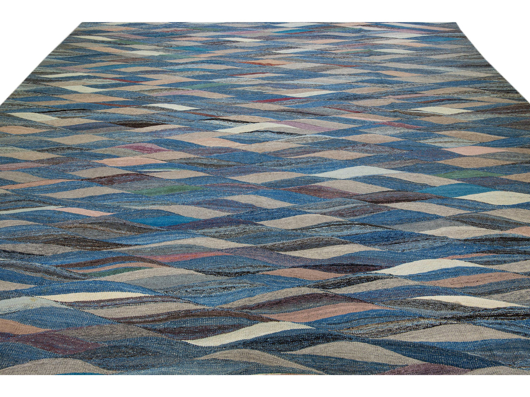 Blue Modern Abstract Flat-Weave Oversize Wool Rug