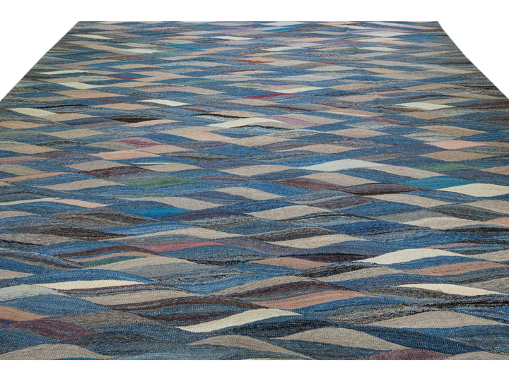Blue Modern Abstract Flat-Weave Oversize Wool Rug
