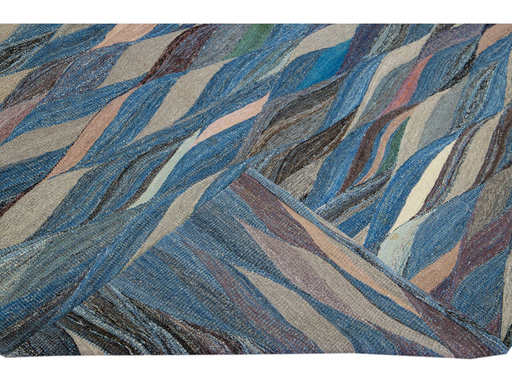 Blue Modern Abstract Flat-Weave Oversize Wool Rug