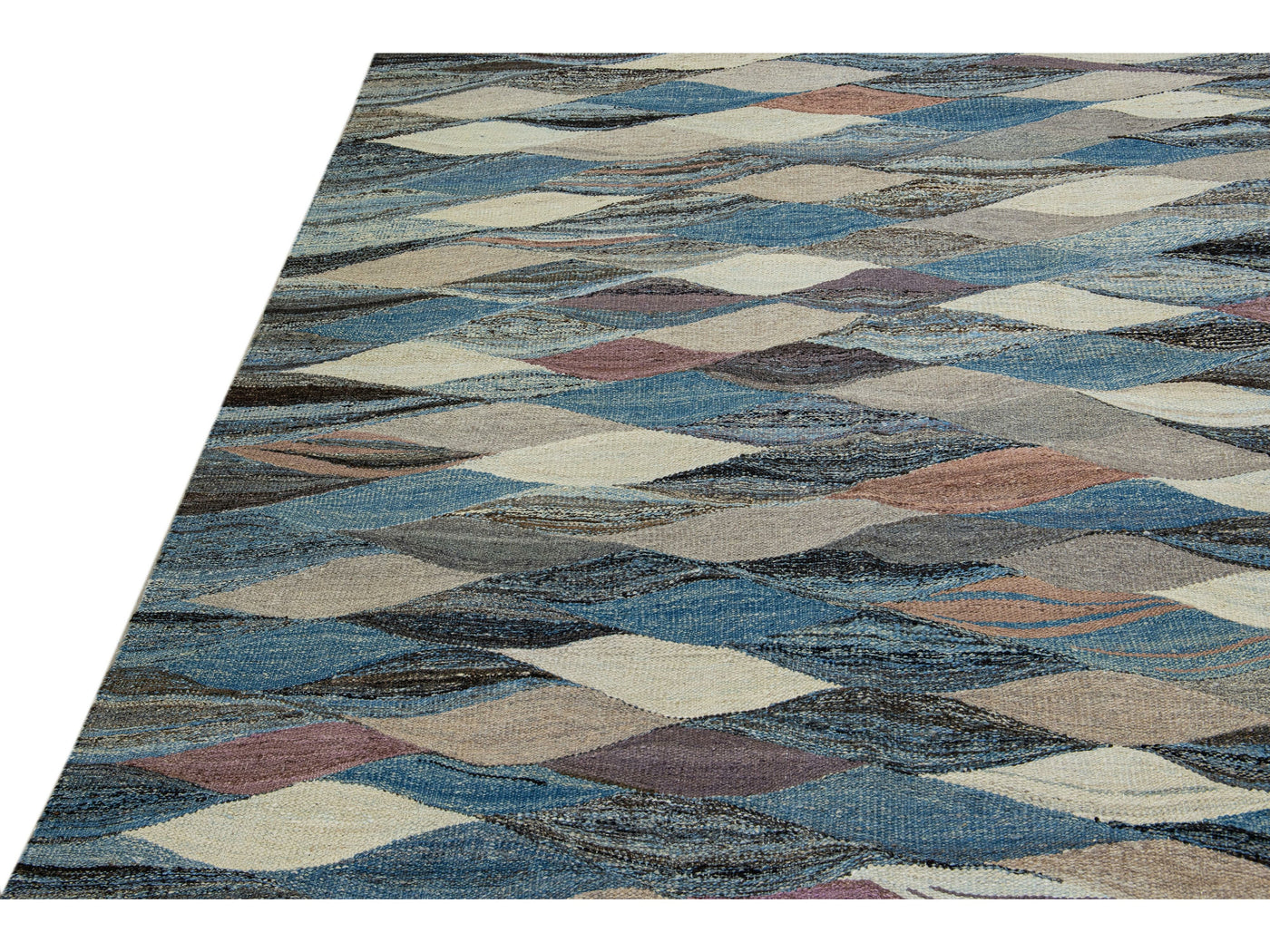 Modern Abstract Blue Flat-Weave Oversize Wool Rug