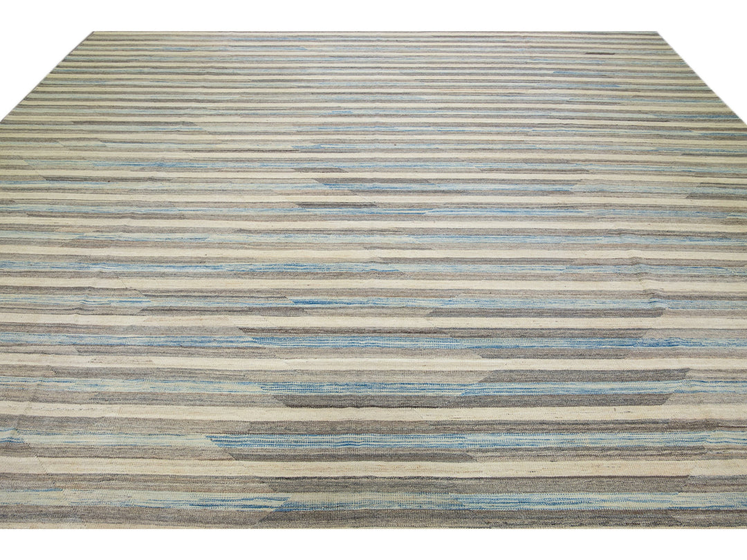 Beige Modern Kilim Abstract Flat-Weave Oversize Wool Rug