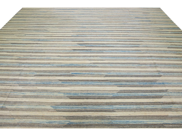 Beige Modern Kilim Abstract Flat-Weave Oversize Wool Rug