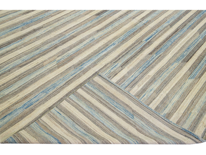 Beige Modern Kilim Abstract Flat-Weave Oversize Wool Rug