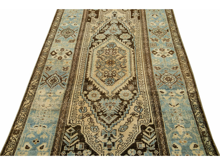 Antique Malayer Handmade Allover Designed Beige And Blue Wool Rug