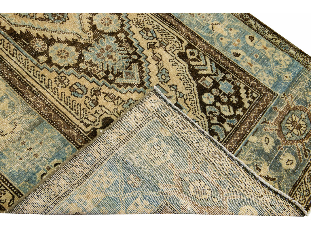 Antique Malayer Handmade Allover Designed Beige And Blue Wool Rug