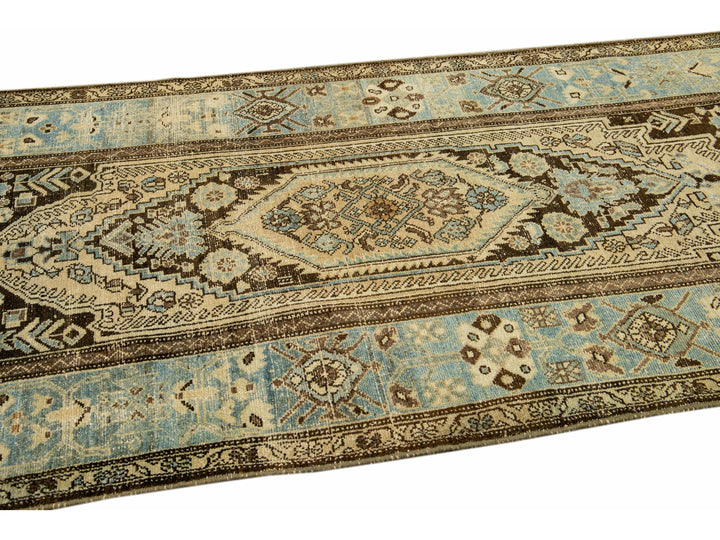 Antique Malayer Handmade Allover Designed Beige And Blue Wool Rug
