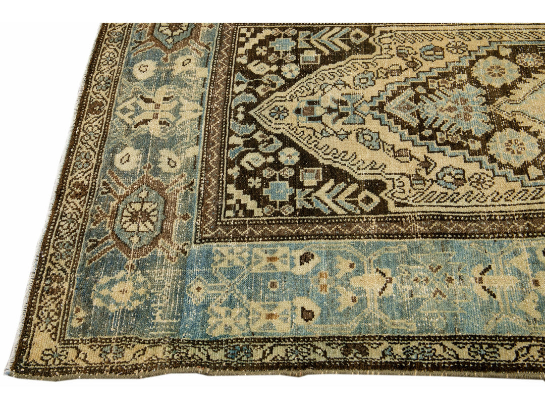 Antique Malayer Handmade Allover Designed Beige And Blue Wool Rug