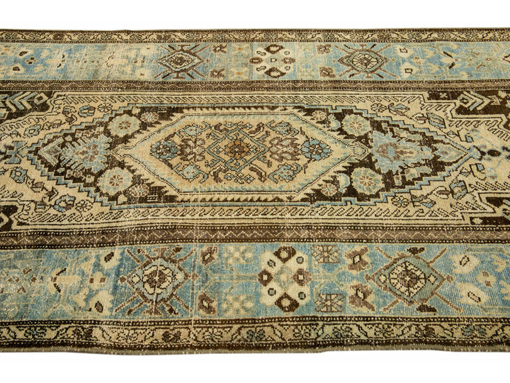 Antique Malayer Handmade Allover Designed Beige And Blue Wool Rug
