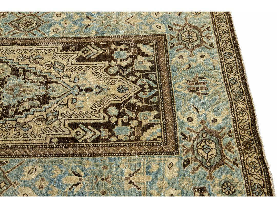 Antique Malayer Handmade Allover Designed Beige And Blue Wool Rug