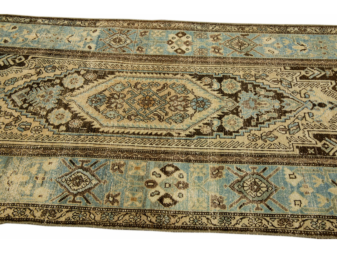 Antique Malayer Handmade Allover Designed Beige And Blue Wool Rug